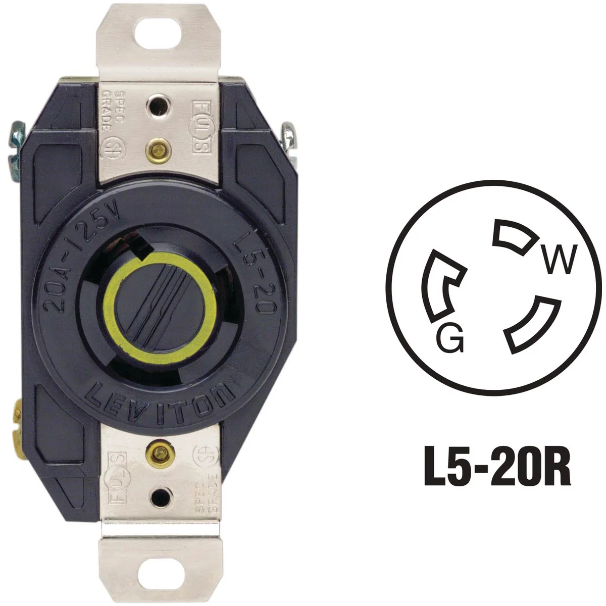 Superior Leviton 20A 125V Black Industrial Grade L5-20R Locking Outlet Receptacle Next-Generation