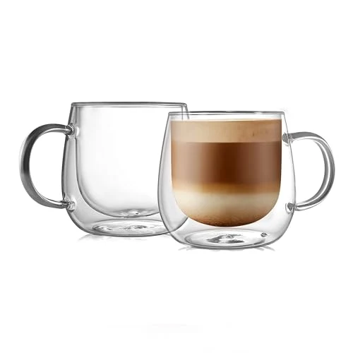 Official 16oz Double Walled Glass Coffee Mugs 2 Count Secure