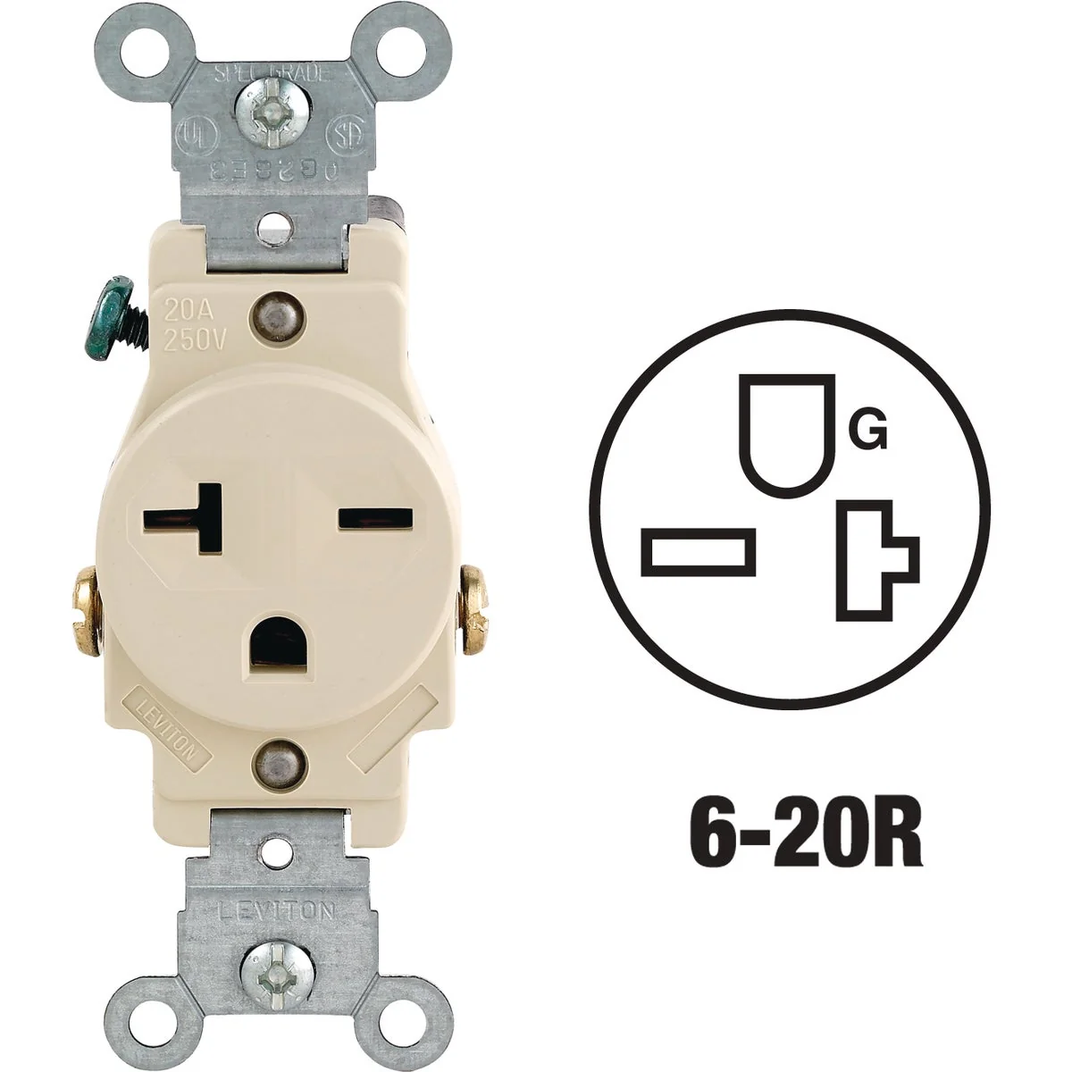 Contemporary Leviton 20A Ivory Heavy-Duty 6-20R Grounding Single Outlet Soft
