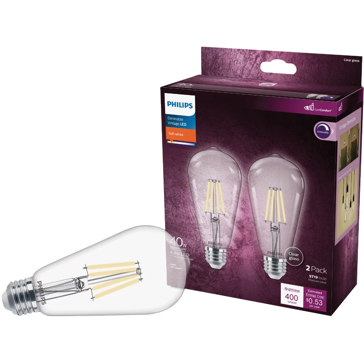 Contemporary Philips Vintage 40W Equivalent Soft White ST19 Medium LED Decorative Light Bulb 2-Pack Fine