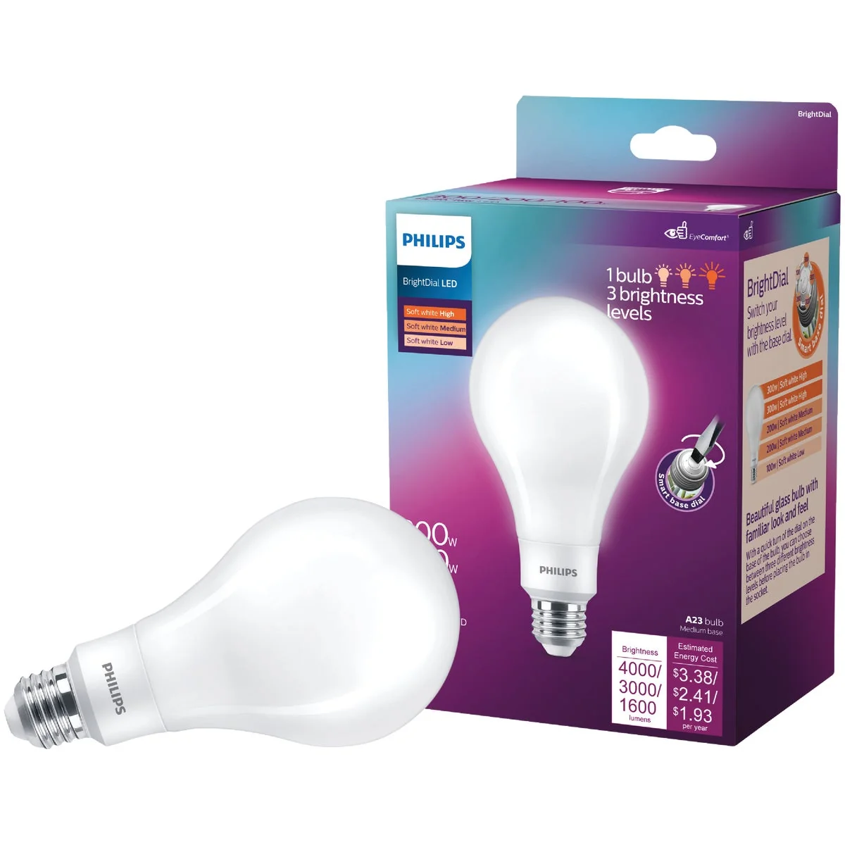 Secure Philips BrightDial 300 200 100W Equivalent Soft White A23 Medium LED Light Bulb Reliable