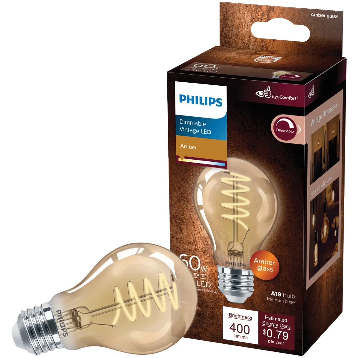 Reliable Philips 60W Equivalent Amber Medium A19 Dimmable Vintage LED Light Bulb Quality