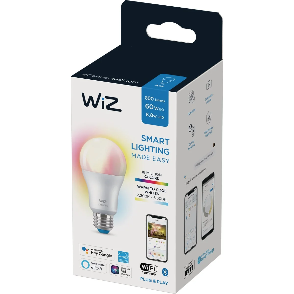Fine Crafted Wiz 60W Equivalent Color Changing A19 Medium Dimmable Smart LED Light Bulb Minimalist