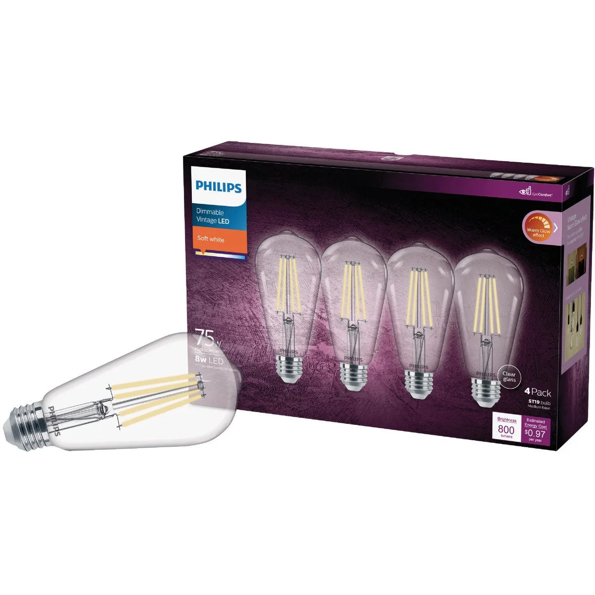 Powerful Philips Warm Glow 75W Equivalent Soft White ST19 Medium Vintage LED Decorative Light Bulb 4-Pack Modern