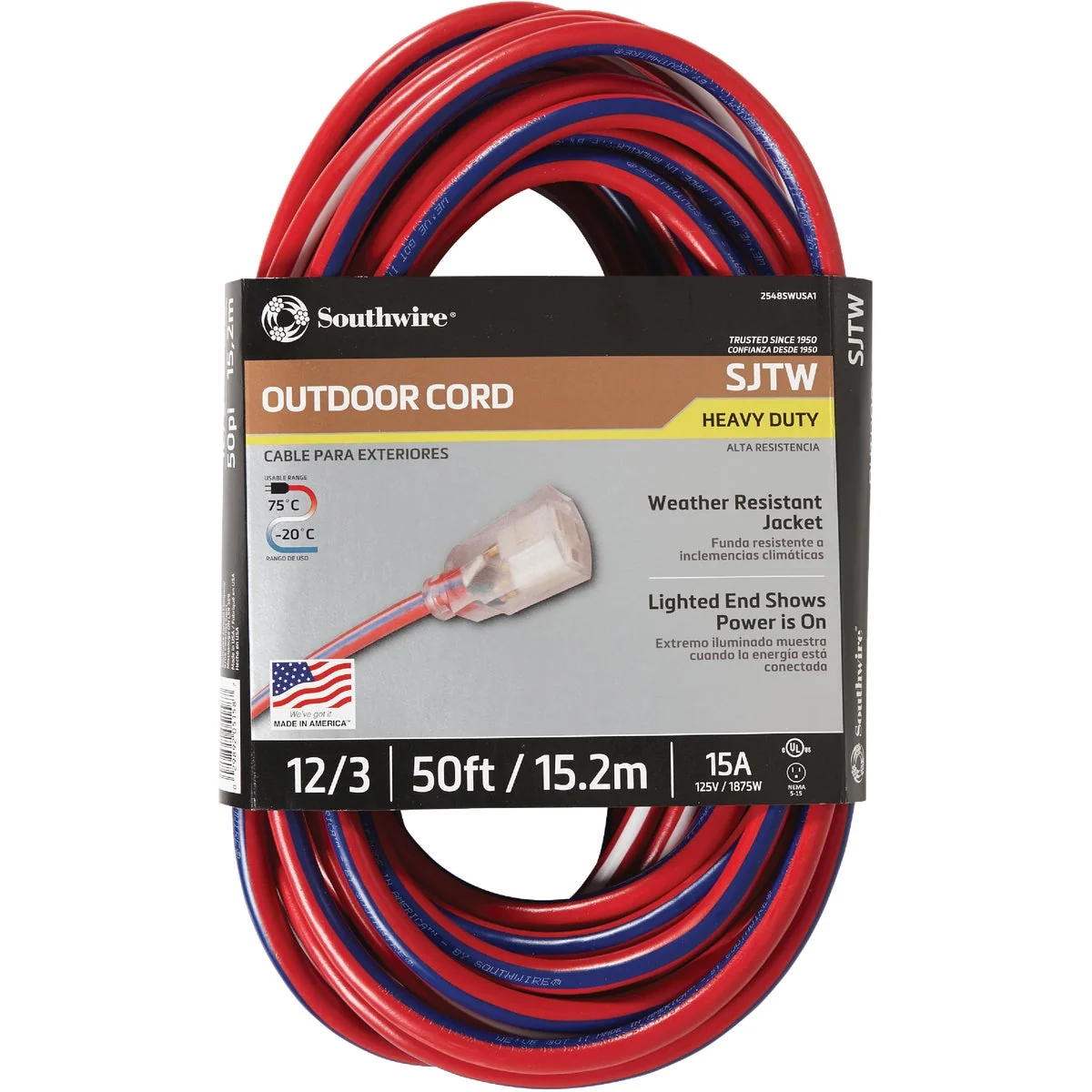 Convenient Southwire 50 Ft. 12 3 Indoor Outdoor Red White Blue Striped Patriotic Extension Cord Crafted