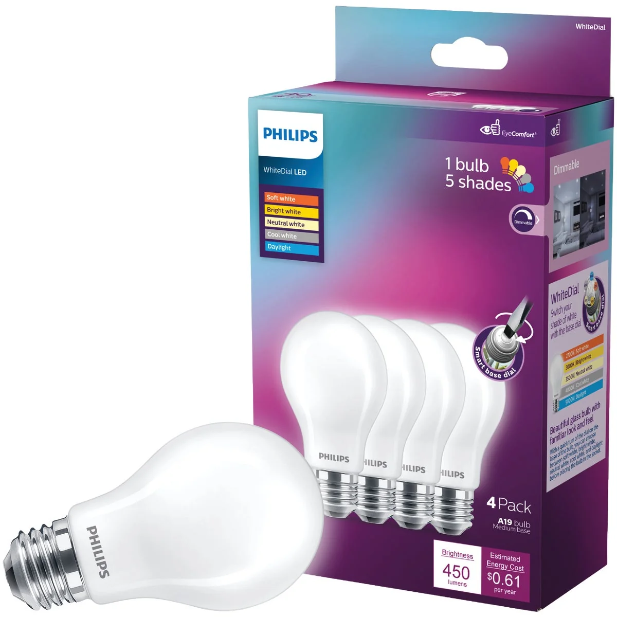 Traditional Philips WhiteDial 40W Equivalent Multi CCT A19 Medium LED Light Bulb 4-Pack Stylish