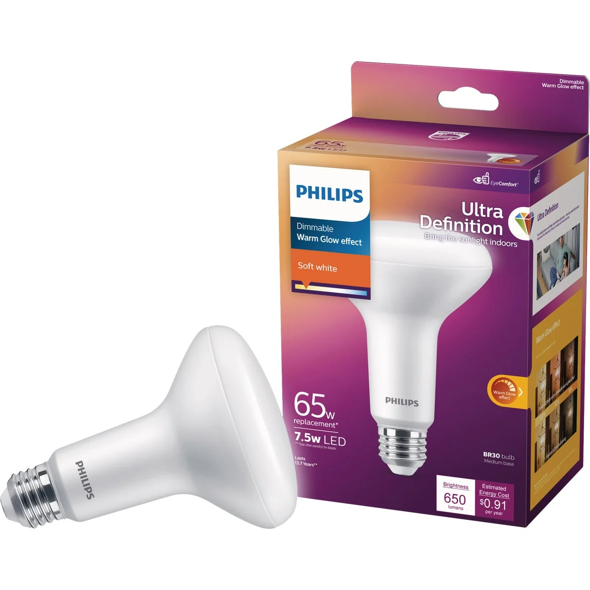 Detailed Philips Warm Glow Ultra Definition 65W Equivalent Soft White BR30 Medium Dimmable LED Floodlight Light Bulb Fashionable