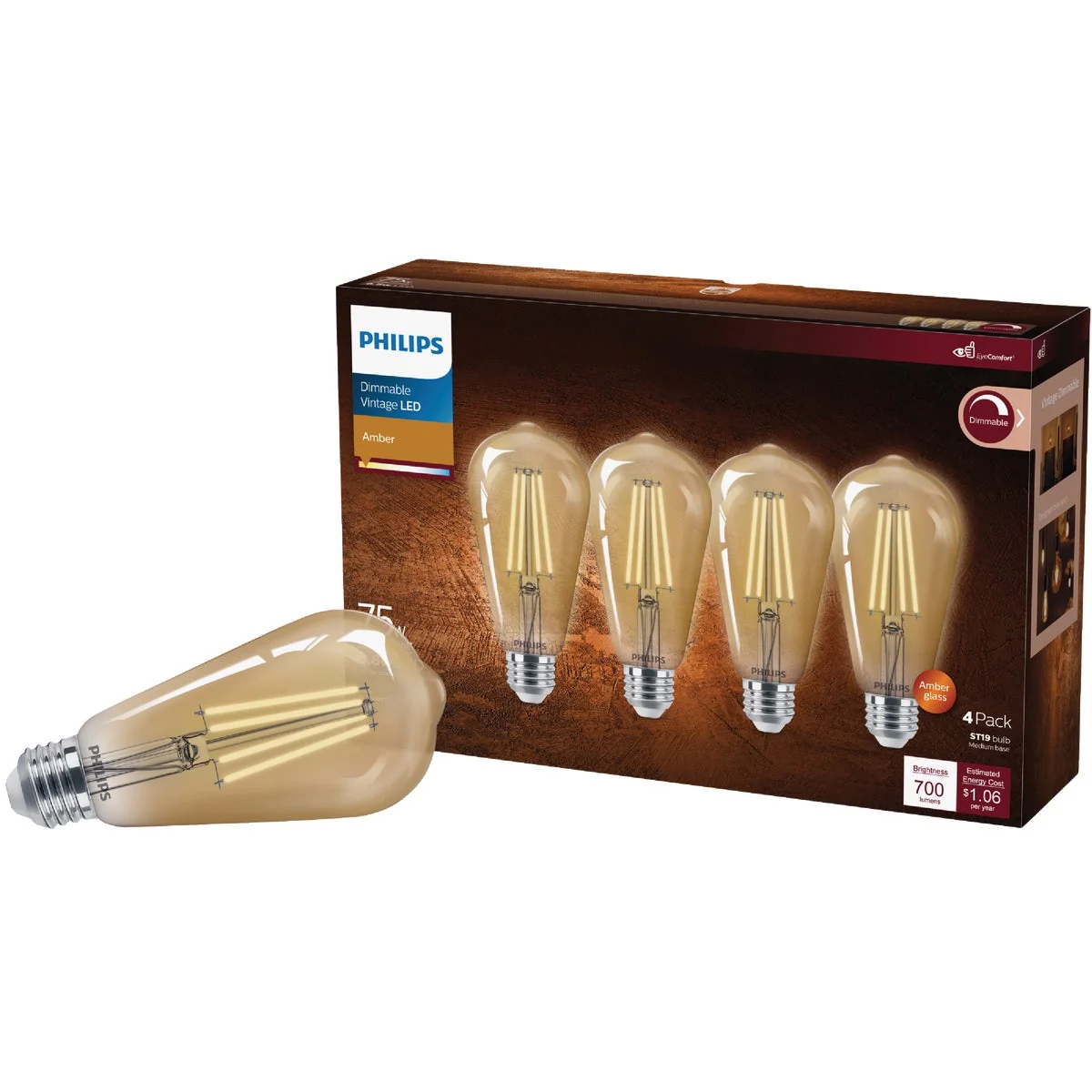 Excellent Philips Vintage 75W Equivalent Amber ST19 Medium LED Decorative Light Bulb 4-Pack Expertly Made