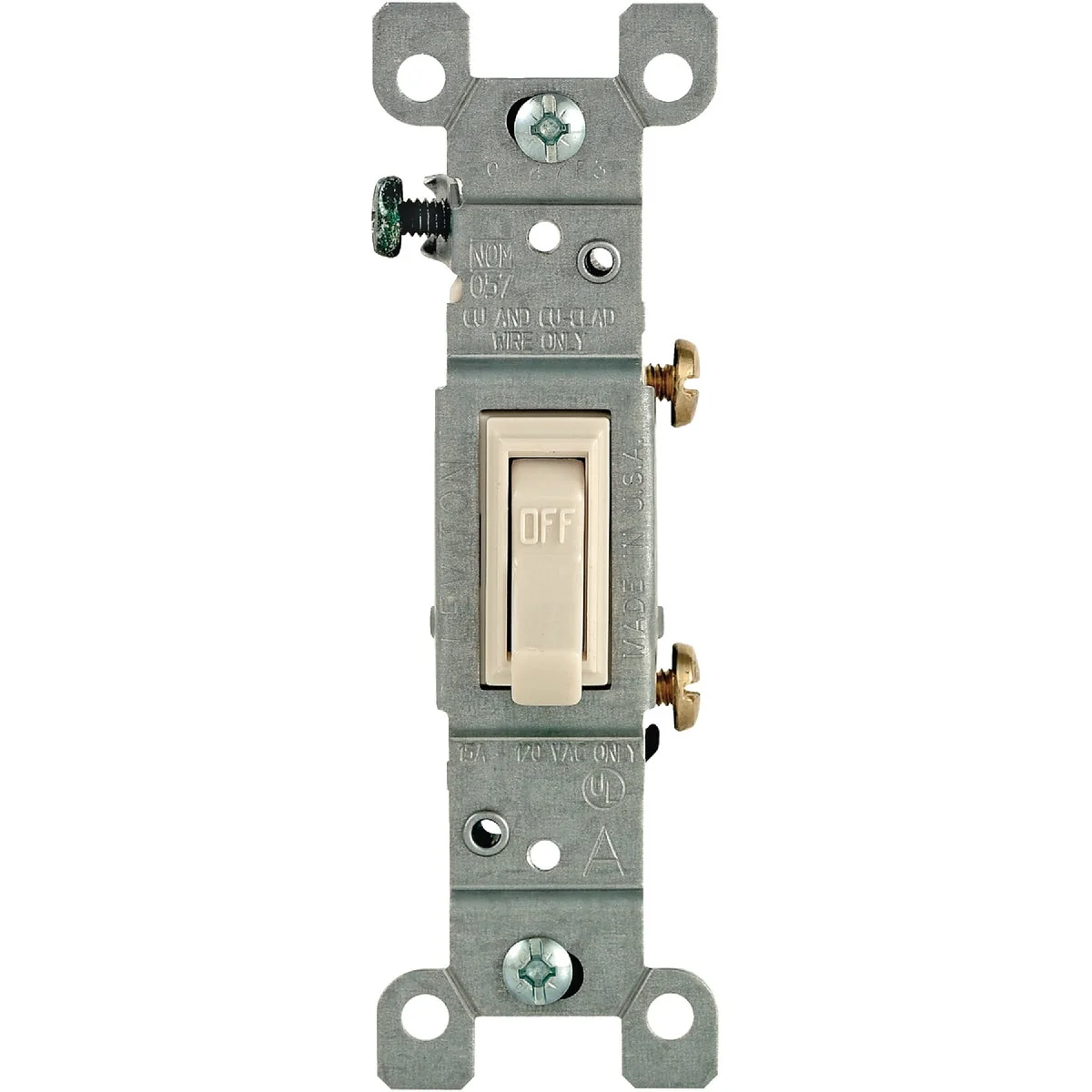 Next-Generation Leviton Residential Grade 15 Amp Toggle Single Pole Grounded Switch Light Almond Recyclable