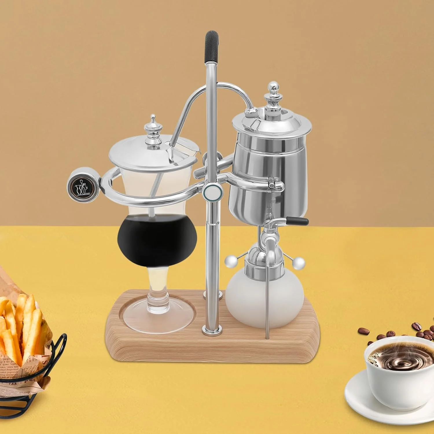 Innovative Belgian Luxury Royal Family Balance Syphon Coffee Maker Belgium Siphon Brewer Elegant Design Retro-Style Gravity Vintage Coffee Maker Vacuum Brewing System Copper Silver Exceptional