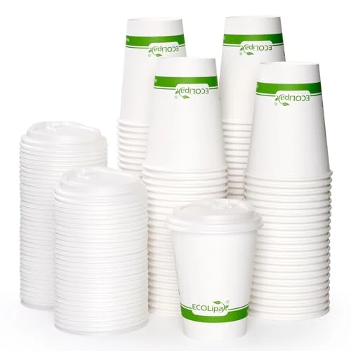Enhanced 100 Count 12 oz Compostable Paper Coffee Cups with CPLA Lid Easy-to-Use