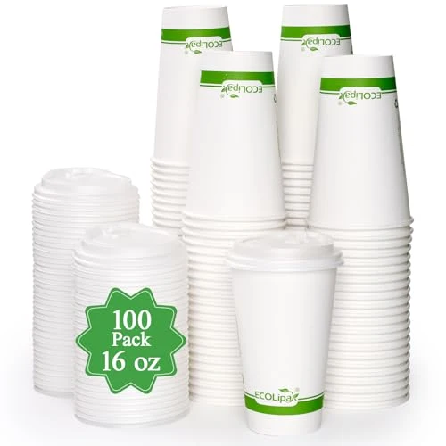 Luxury 100 Count 16 oz Compostable Paper Coffee Cups with CPLA Lid Soft