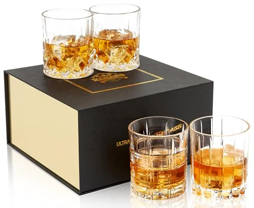 Optimized Old Fashioned Whiskey Glasses 3 Designs Bourbon Glass 10 oz Set 4 Count Specialty