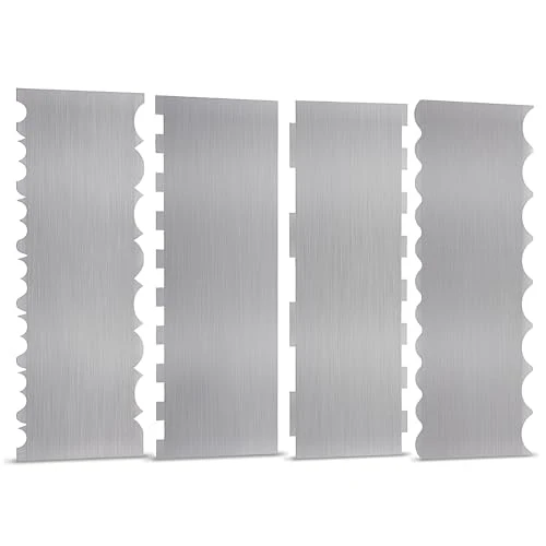 Exceptional 4 Pieces Stainless Steel Cake Scraper 10 Inch and Sided Patterned Edge Stripe Edge Smoother Scraper Cake Decorating Comb Cake Pastry Cutter for Mousse Butter Cream Cake Decoration 4 Count Sustainable