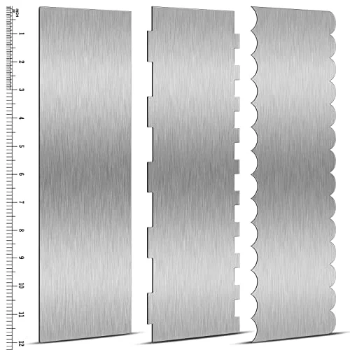 Luxury 3 Pcs 12 Inch Cake Scraper Smoother Stainless Steel Cake Scraper Metal Large Double Sided Patterned Edge Decorating Comb Icing Smoother for Mousse Butter Cream Dessert Decoration 3 Count Refined