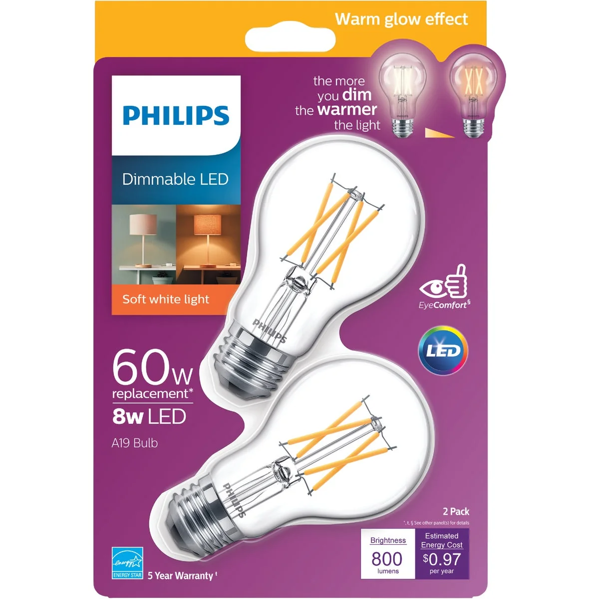 Prestigious Philips Warm Glow 60W Equivalent Soft White A19 Medium Dimmable LED Light Bulb 2-Pack Environmentally Friendly