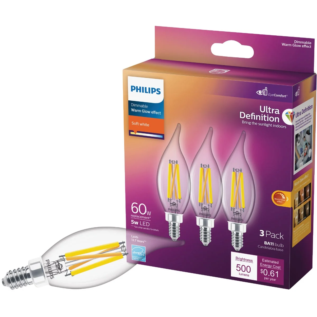 Unique Philips Ultra Definition 60W Equivalent Soft White BA11 Candelabra LED Decorative Light Bulb 3-Pack Fine Crafted