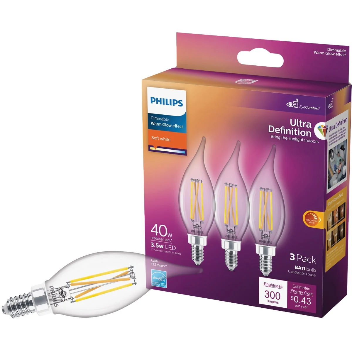 Artisan Philips Ultra Definition 40W Equivalent Soft White BA11 Candelabra LED Decorative Light Bulb 3-Pack Certified