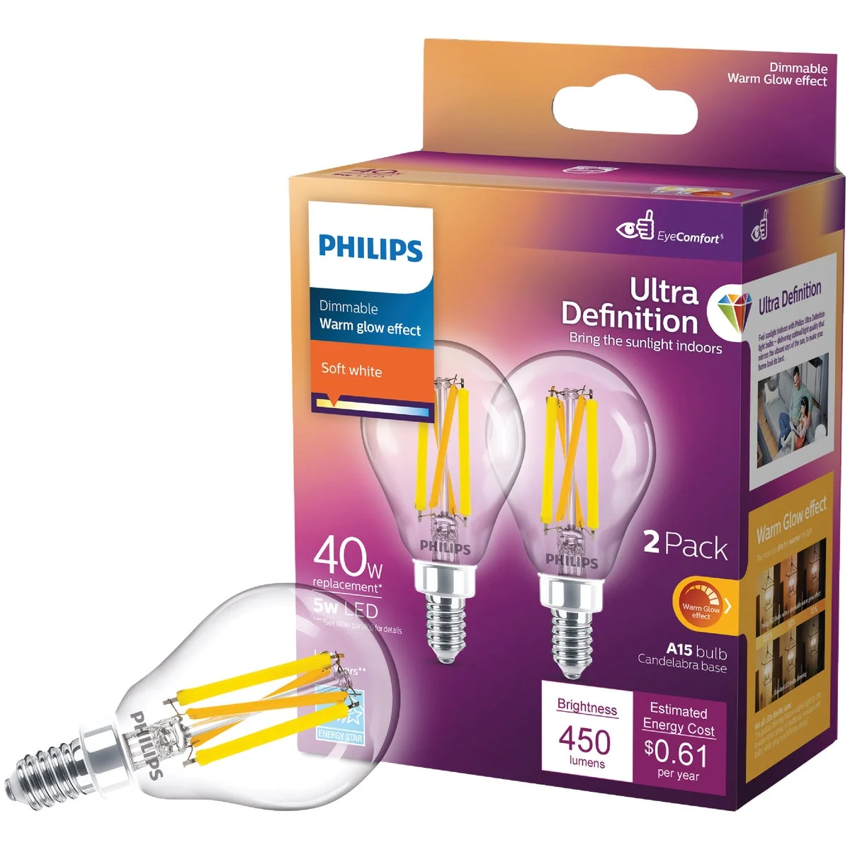 Official Philips Ultra Definition Warm Glow 40W Equivalent Soft White A15 Candelabra LED Light Bulb 2-Pack Eco-Friendly