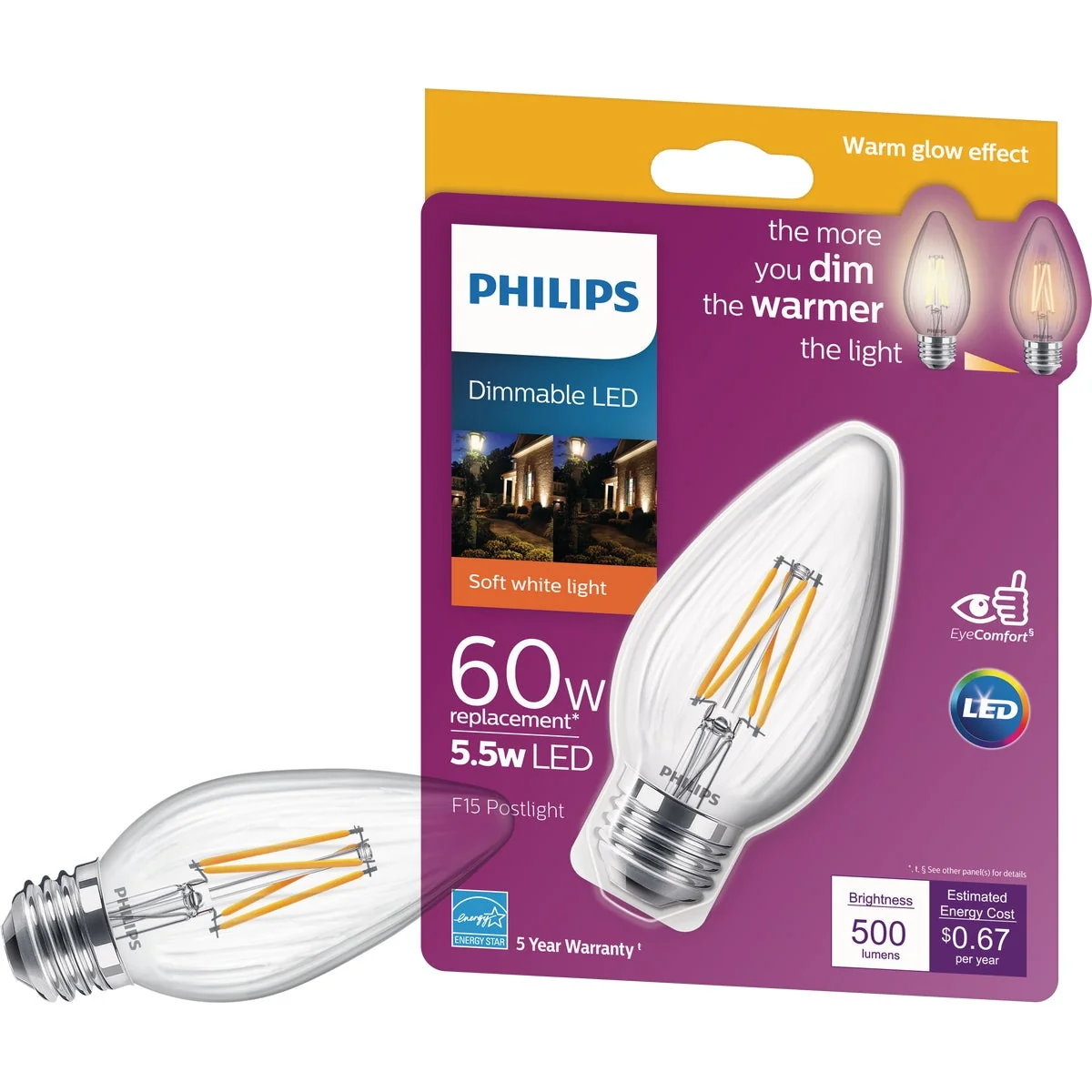 High-Grade Philips Warm Glow 60W Equivalent Soft White F15 Medium Dimmable Post LED Decorative Light Bulb High-Quality