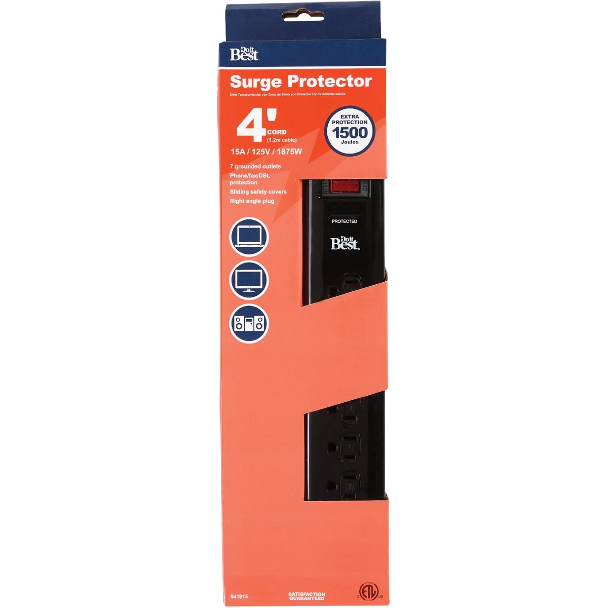 Prestigious Do it 7-Outlet 1500J Black Computer Phone Or Fax Surge Protector Strip with 4 Ft. Cord Healthy