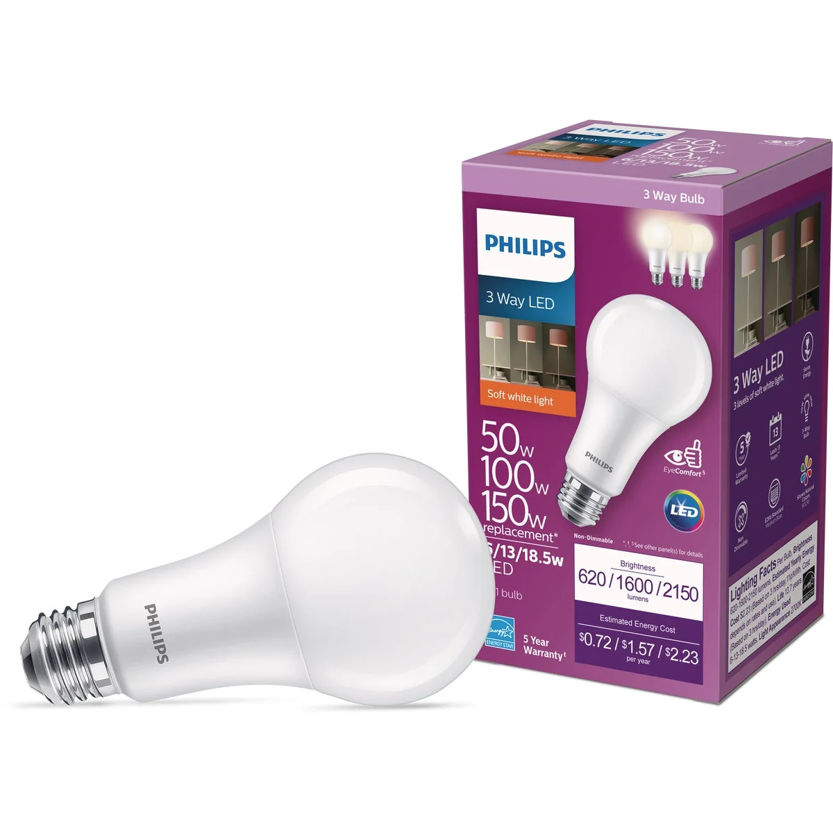 Effective Philips 50 100 150W Equivalent Soft White A21 Medium 3-Way LED Light Bulb High-Quality