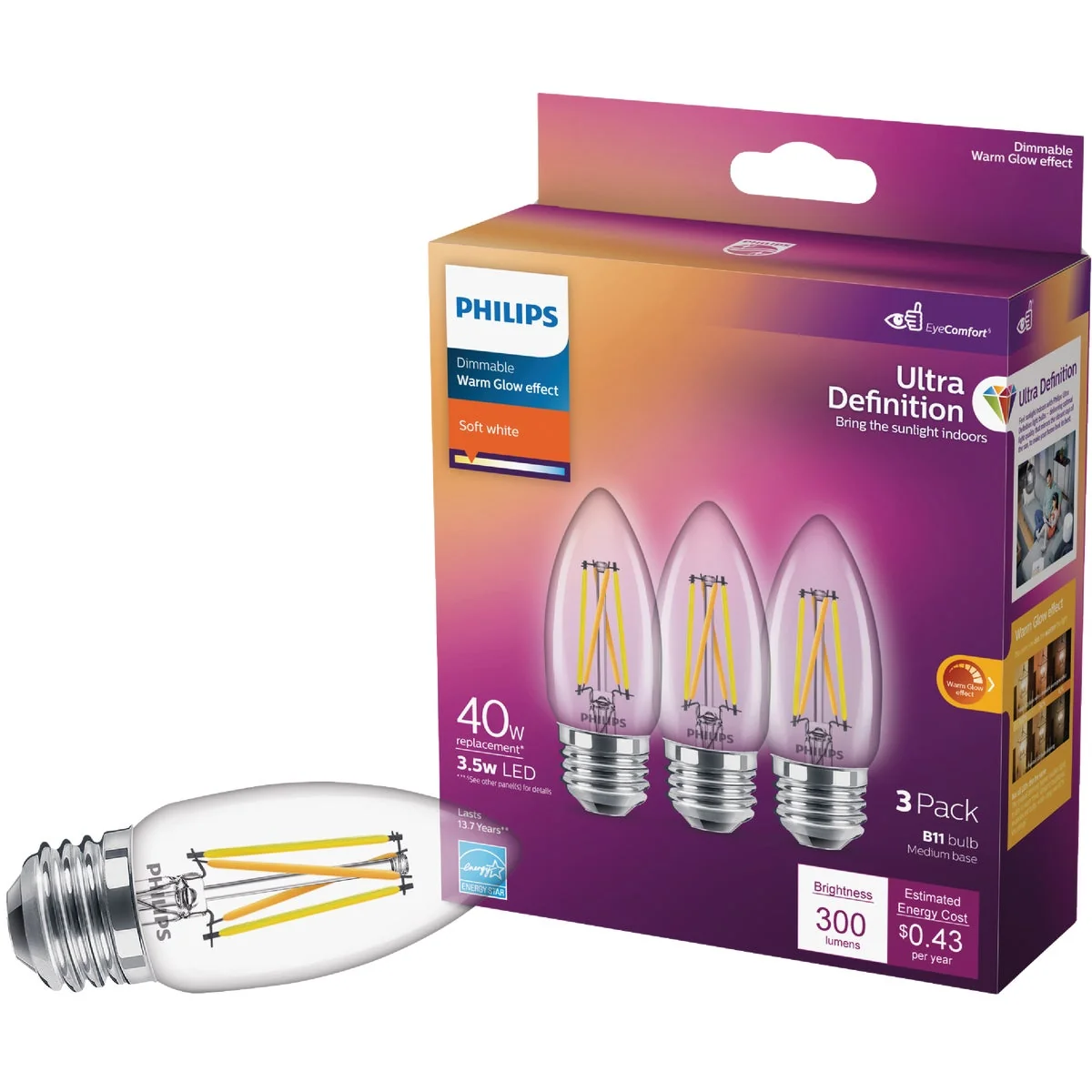 Advanced Philips Ultra Definition 40W Equivalent Soft White B11 Medium LED Decorative Light Bulb 3-Pack Smart