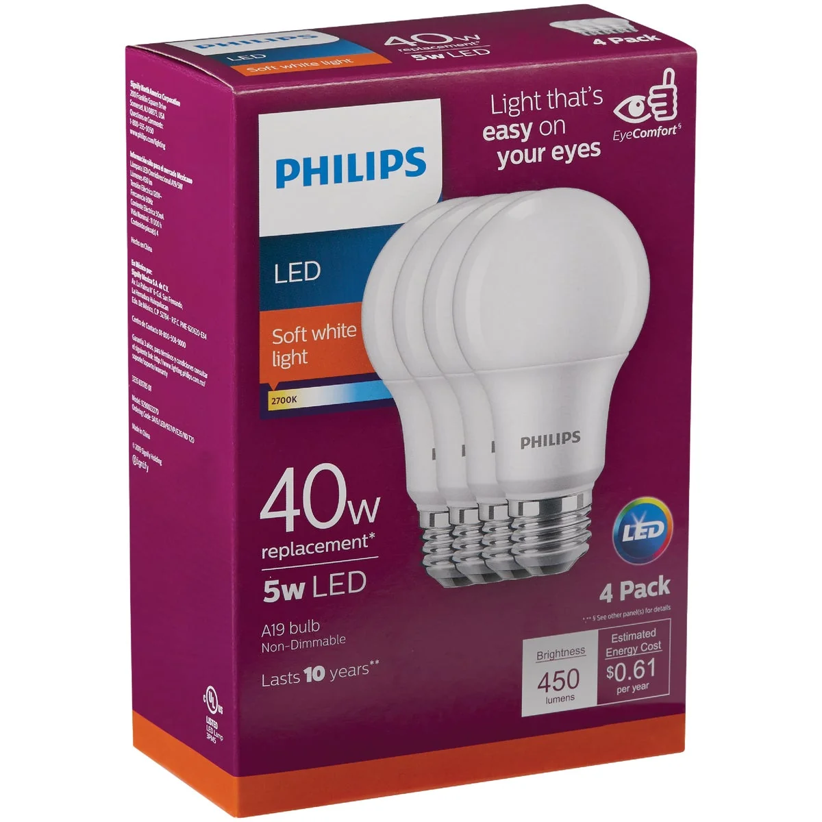 Quality Philips 40W Equivalent Soft White A19 Medium LED Light Bulb 4-Pack Secure