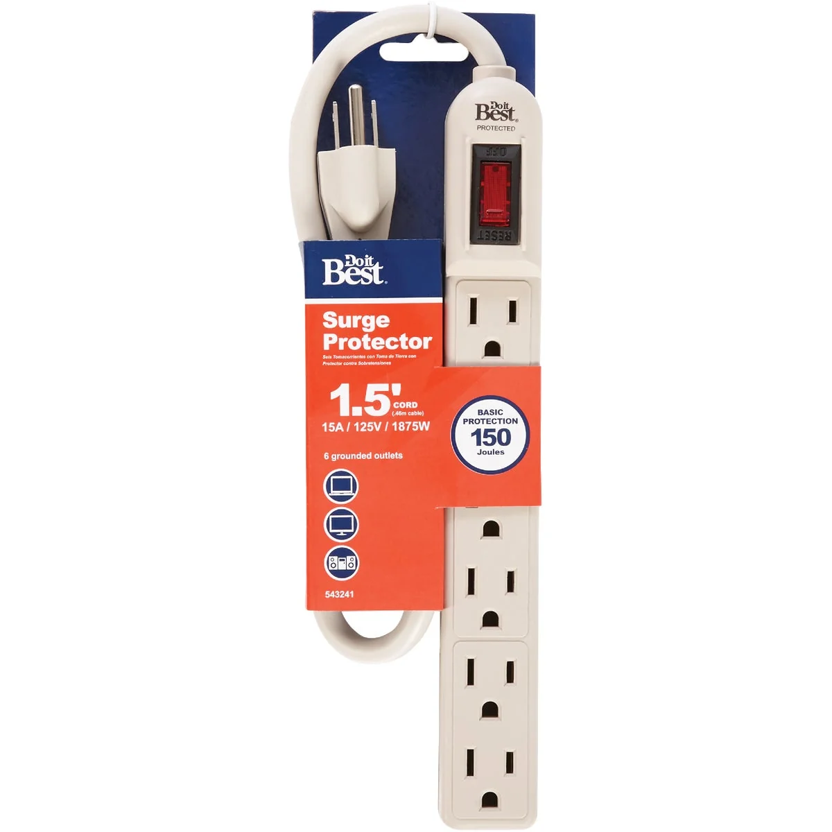 Dependable Do it 6-Outlet 150J Gray Grounded Surge Protector Strip with 1-1 2 Ft. Cord Classic