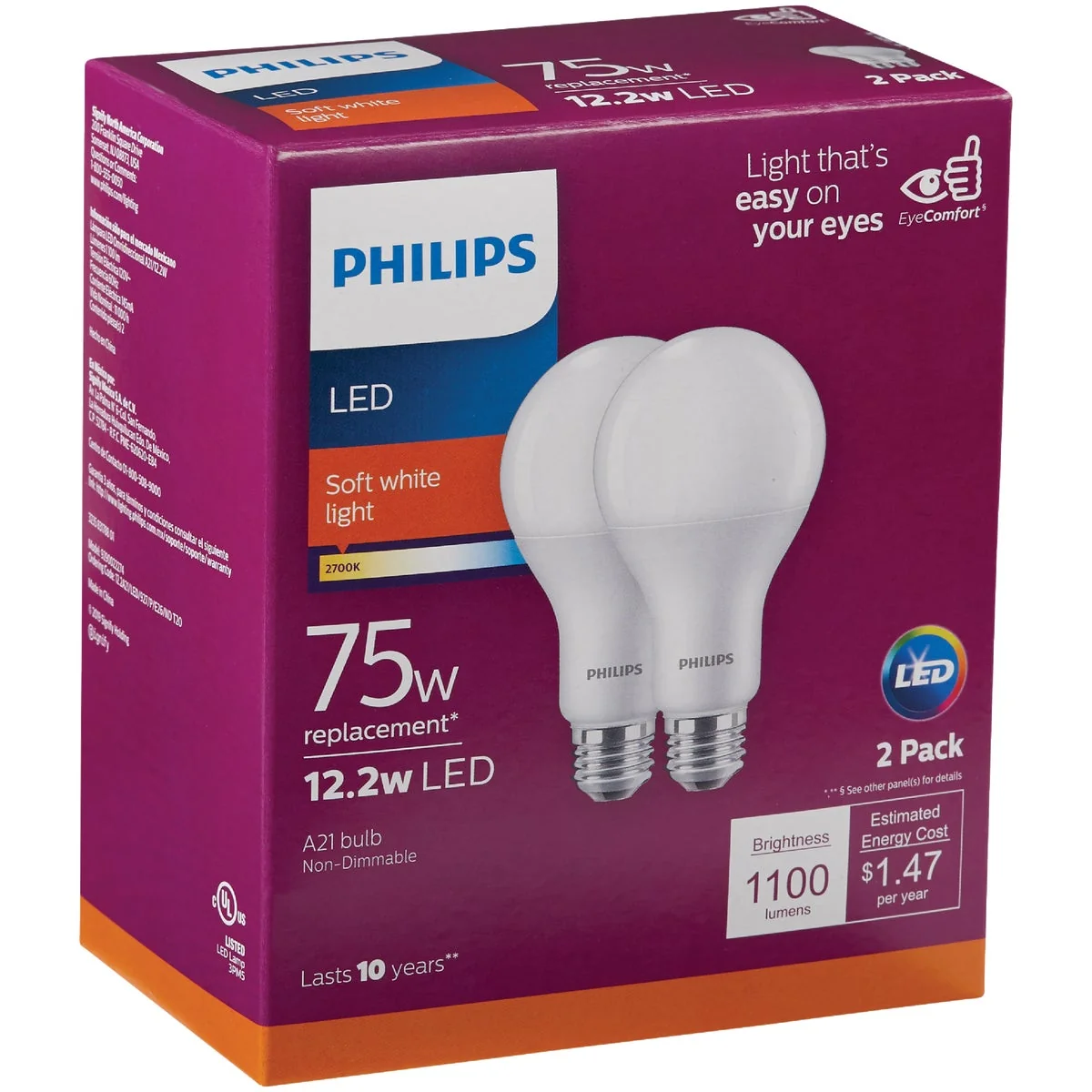 Reusable Philips 75W Equivalent Soft White A21 Medium LED Light Bulb 2-Pack Smart