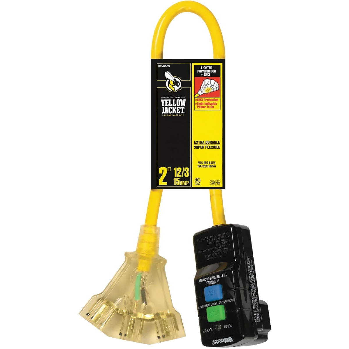 Genuine Yellow Jacket 2 Ft. 12 3 GFI Extension Cord with Powerblock Efficient