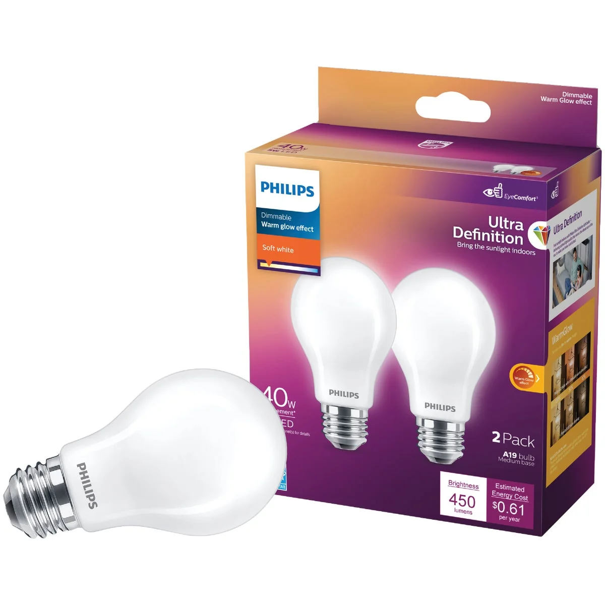 User-Friendly Philips Ultra Definition Warm Glow 40W Equivalent Soft White A19 Medium LED Light Bulb 2-Pack Lightweight