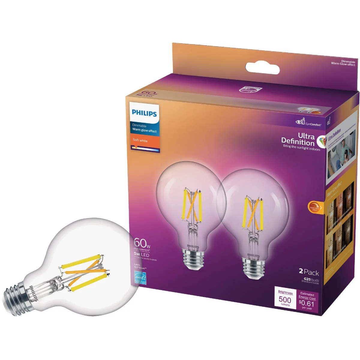 Dependable Philips Ultra Definition 60W Equivalent Soft White G25 Medium LED Decorative Light Bulb 2-Pack Unique