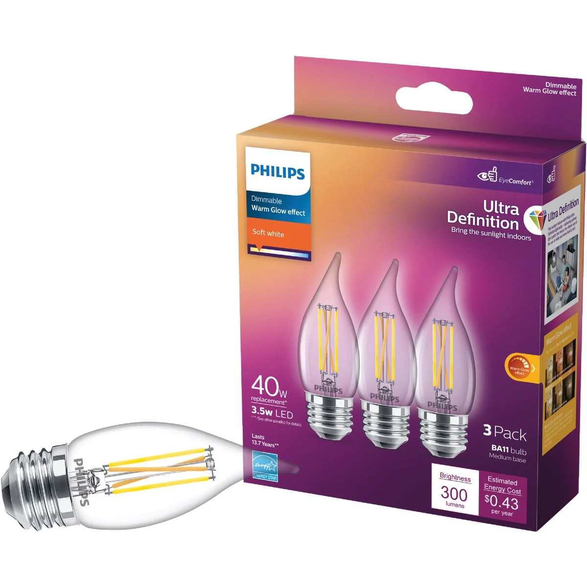 Premium Material Philips Ultra Definition 40W Equivalent Soft White BA11 Medium LED Decorative Light Bulb 3-Pack Green