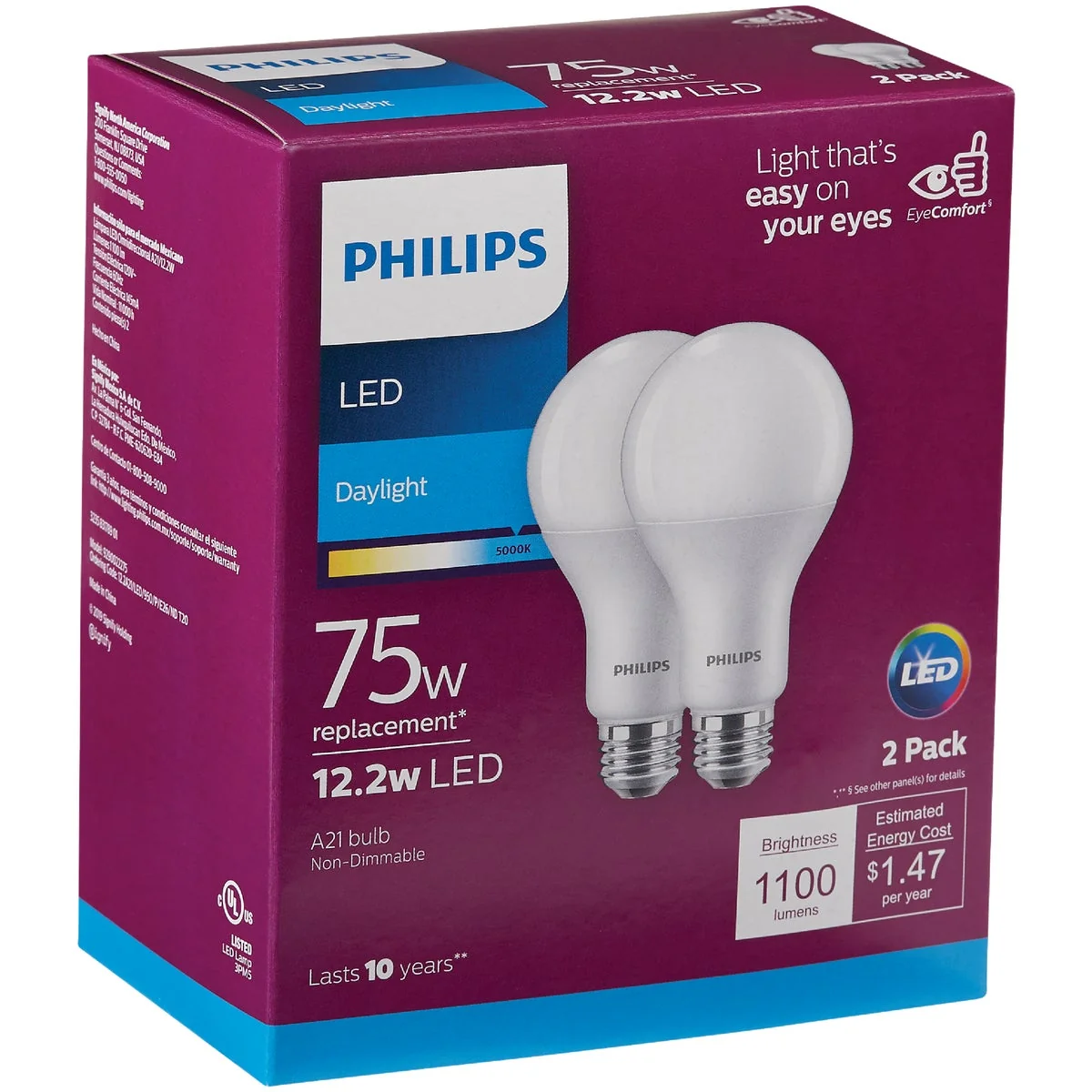 Clean Philips 75W Equivalent Daylight A21 Medium LED Light Bulb 2-Pack Reusable