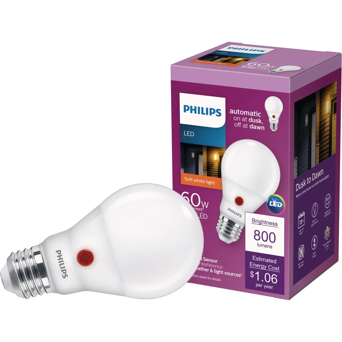 Exclusive Philips 60W Equivalent Soft White A19 Medium Dusk to Dawn LED Light Bulb Pure