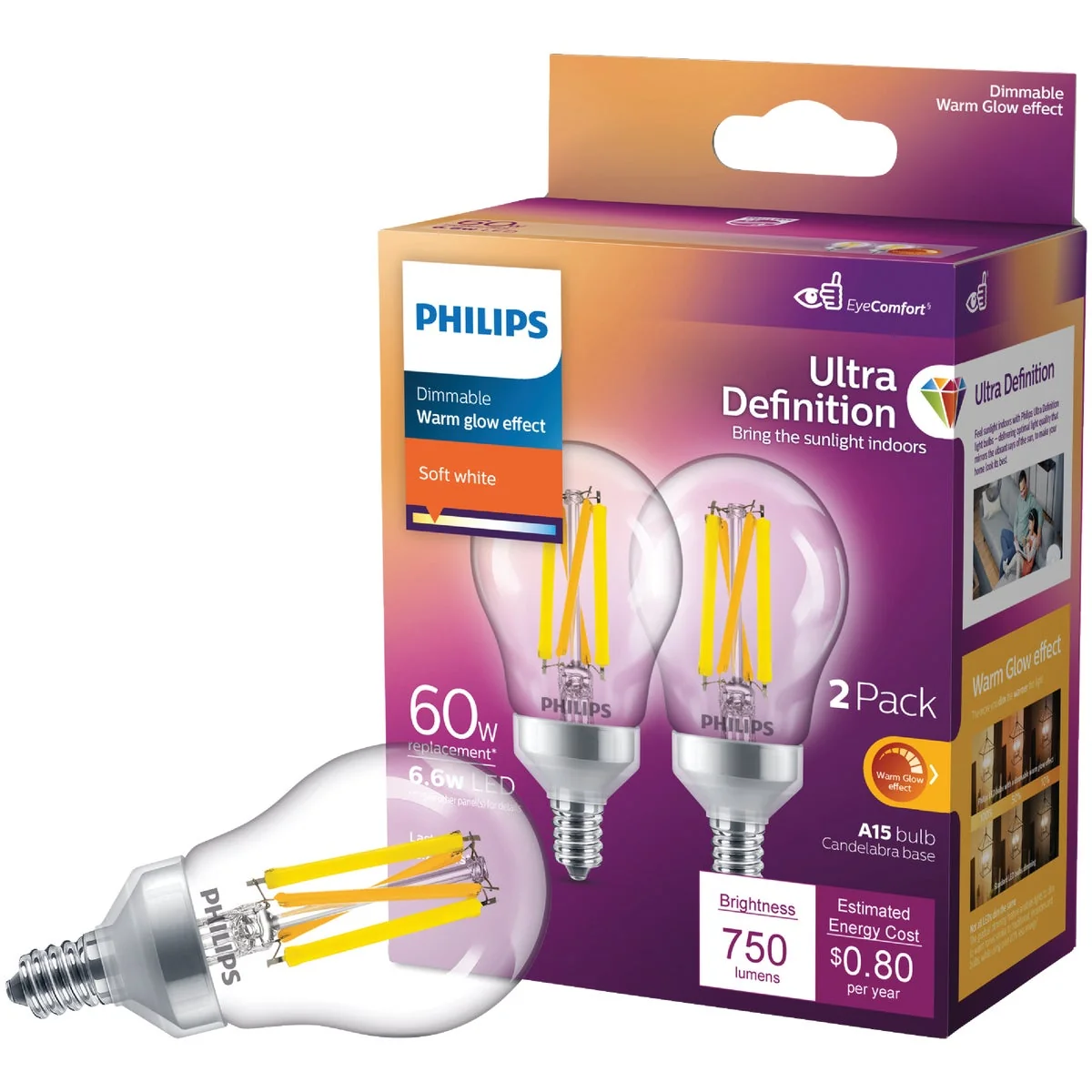 Exclusive Philips Ultra Definition Warm Glow 60W Equivalent Soft White A15 Candelabra LED Light Bulb 2-Pack Classic
