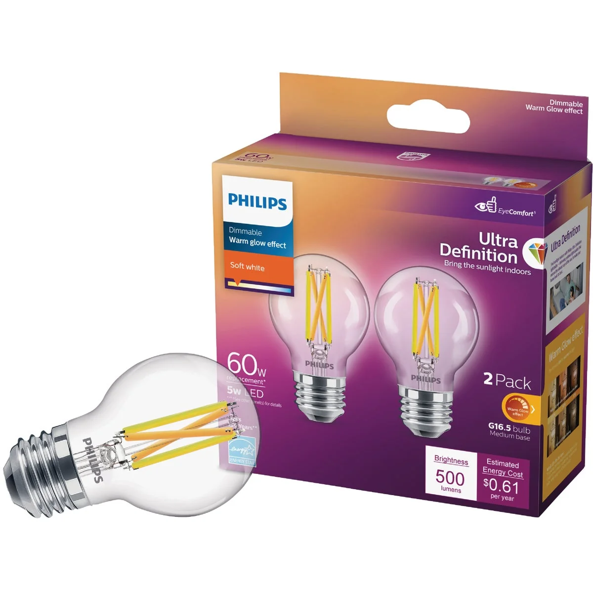 Original Philips Ultra Definition 60W Equivalent Soft White G16.5 Medium LED Decorative Light Bulb 2-Pack Reusable