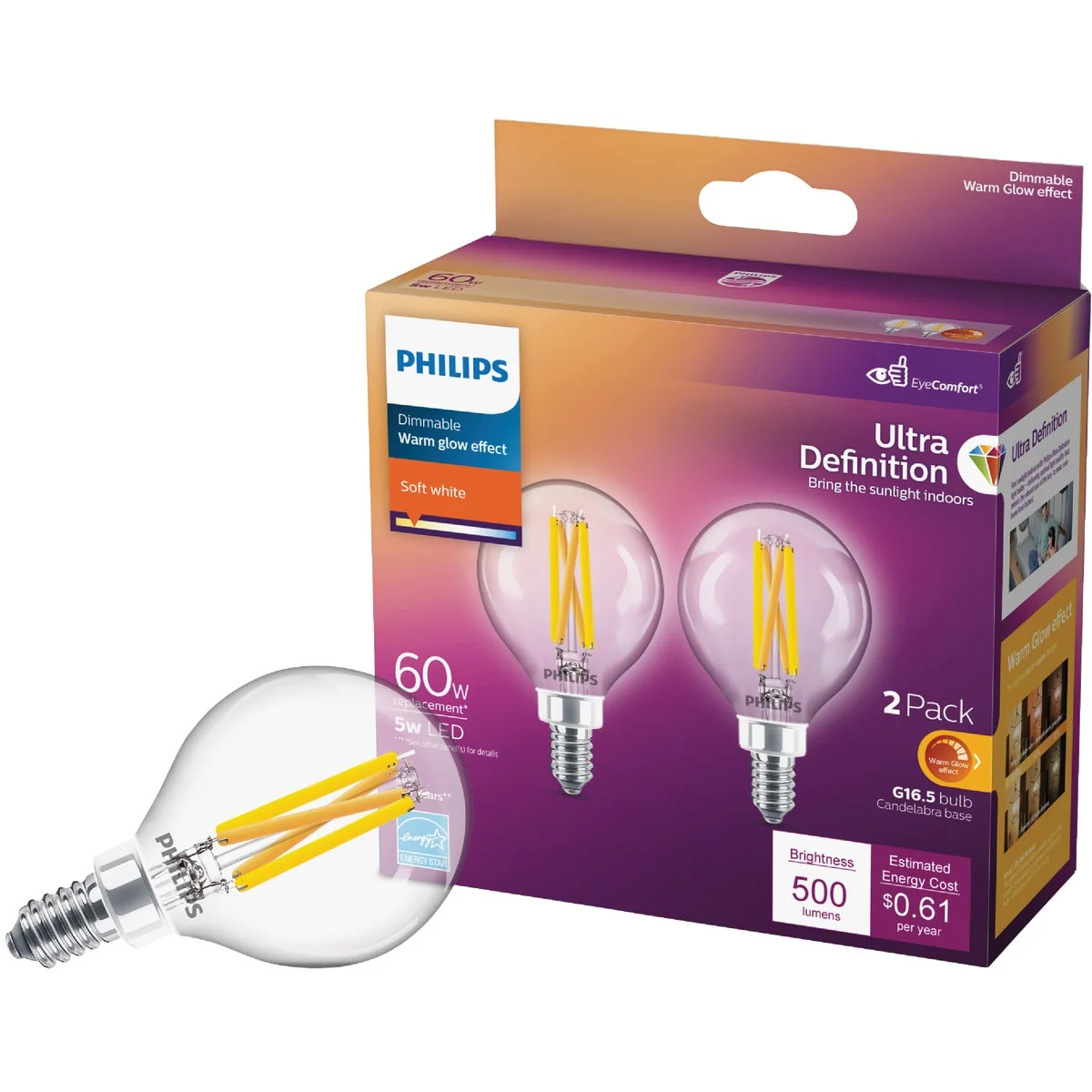 High-Performance Philips Ultra Definition 60W Equivalent Soft White G16.5 Candelabra LED Decorative Light Bulb 2-Pack Effective