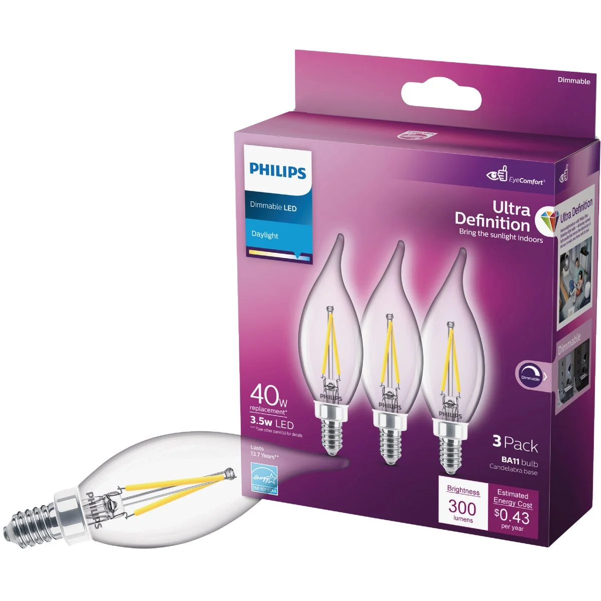 Recyclable Philips Ultra Definition 40W Equivalent Daylight BA11 Candelabra LED Decorative Light Bulb 3-Pack Pure