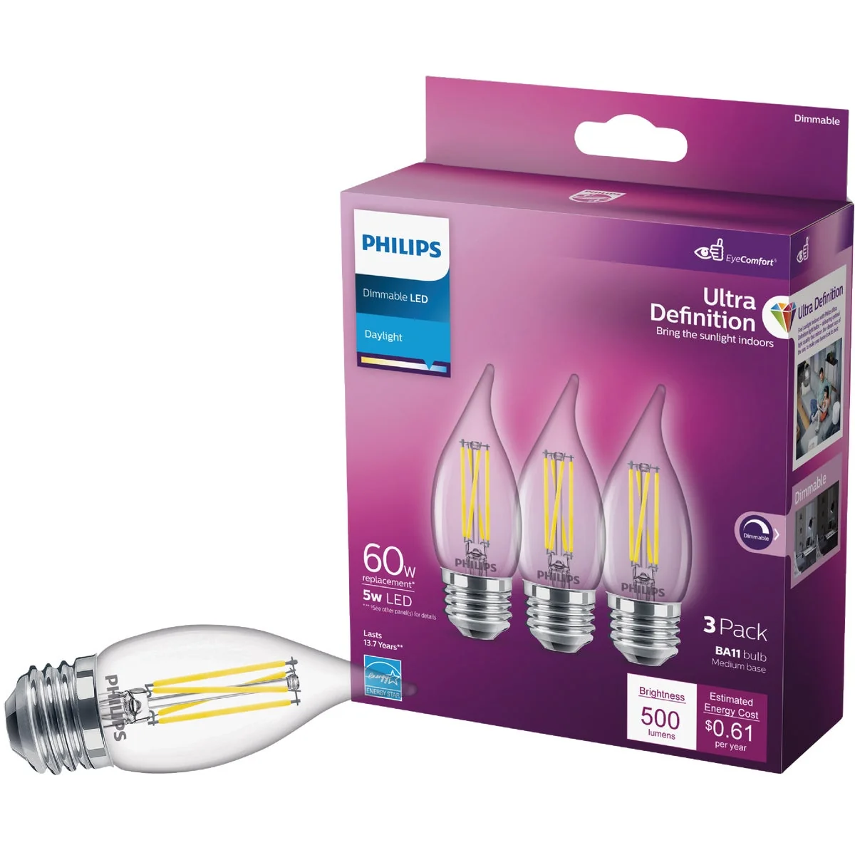 Durable Philips Ultra Definition 60W Equivalent Daylight BA11 Medium LED Decorative Light Bulb 3-Pack Breathable