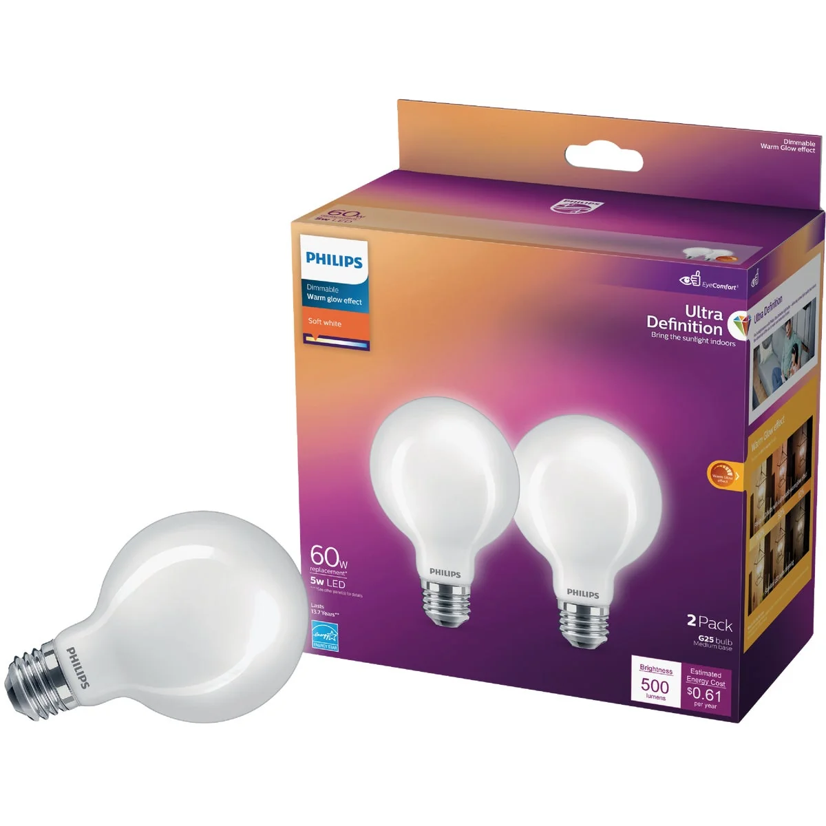 Next-Generation Philips Ultra Definition 60W Equivalent Soft White G25 Medium LED Decorative Light Bulb 2-Pack World-Class
