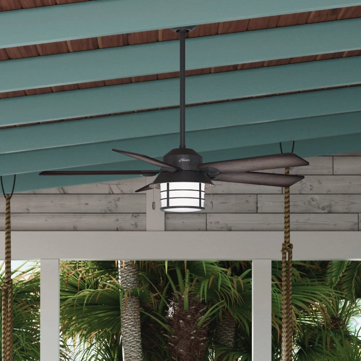 Responsible Hunter Key Biscayne 54 In. Weathered Zinc Outdoor Damp Rated Ceiling Fan with Light Kit Fine Crafted