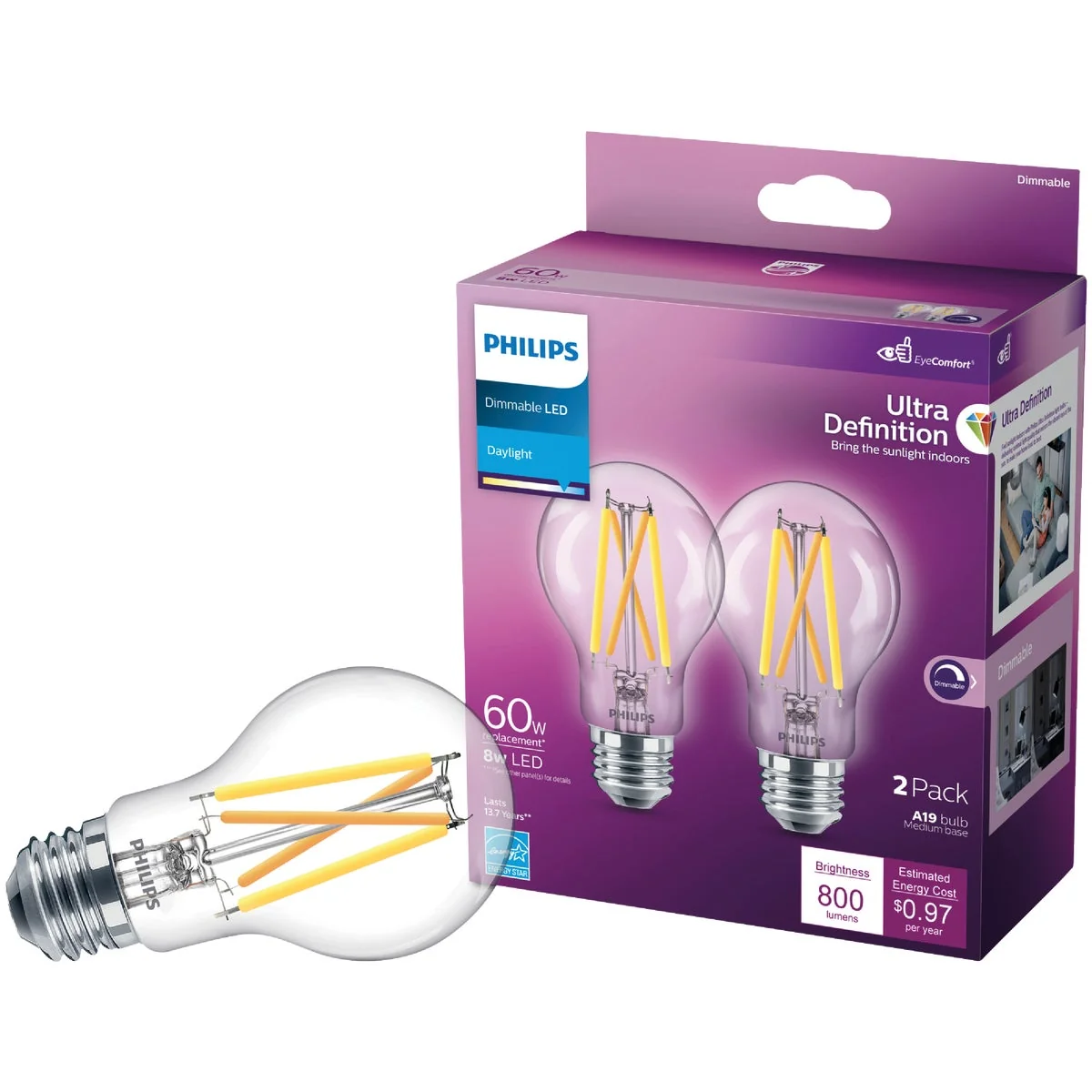 Practical Philips Ultra Definition 60W Equivalent Daylight A19 Medium LED Light Bulb Clear 2-Pack Pure