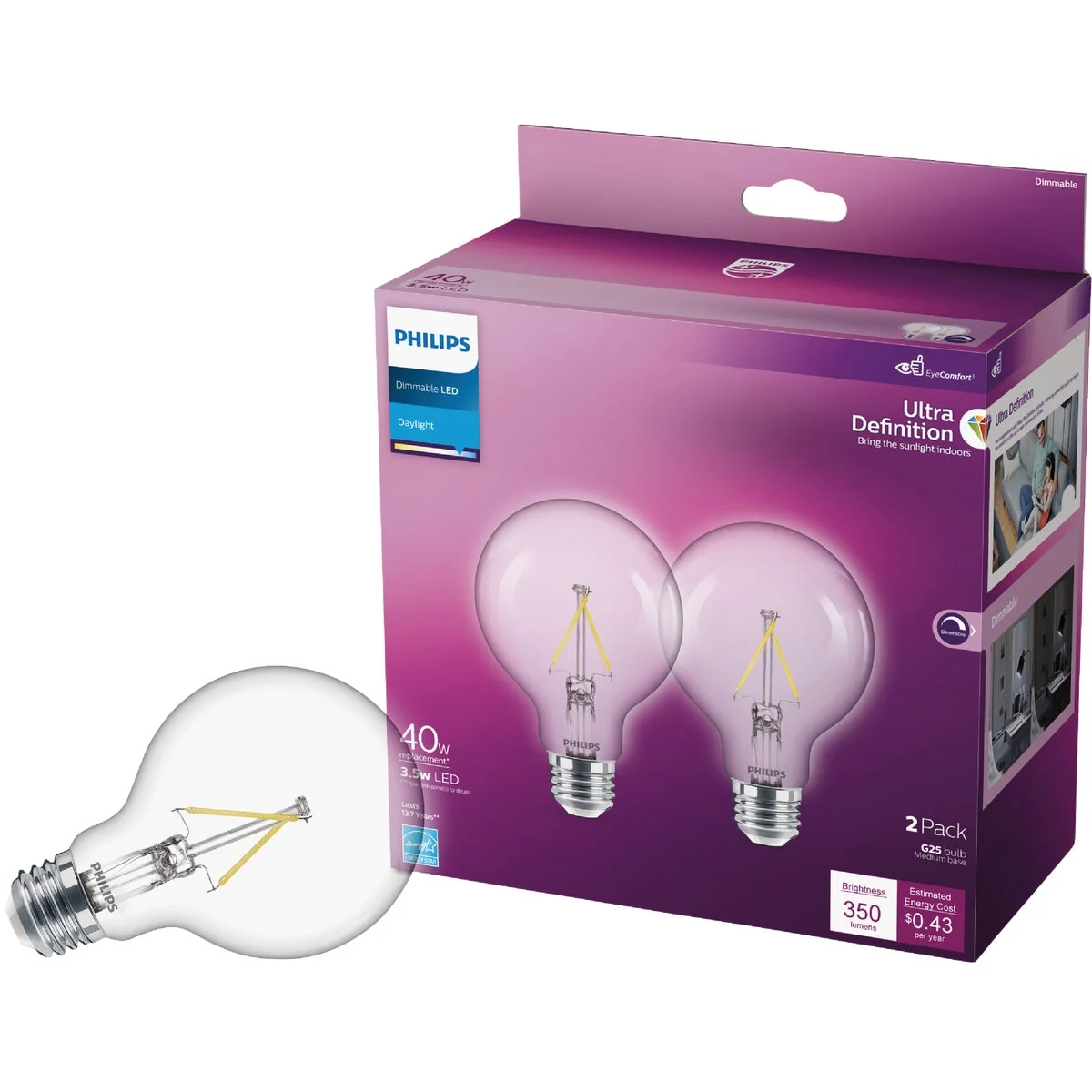 Sustainable Philips Ultra Definition 40W Equivalent Daylight G25 Medium LED Decorative Light Bulb 2-Pack Professional