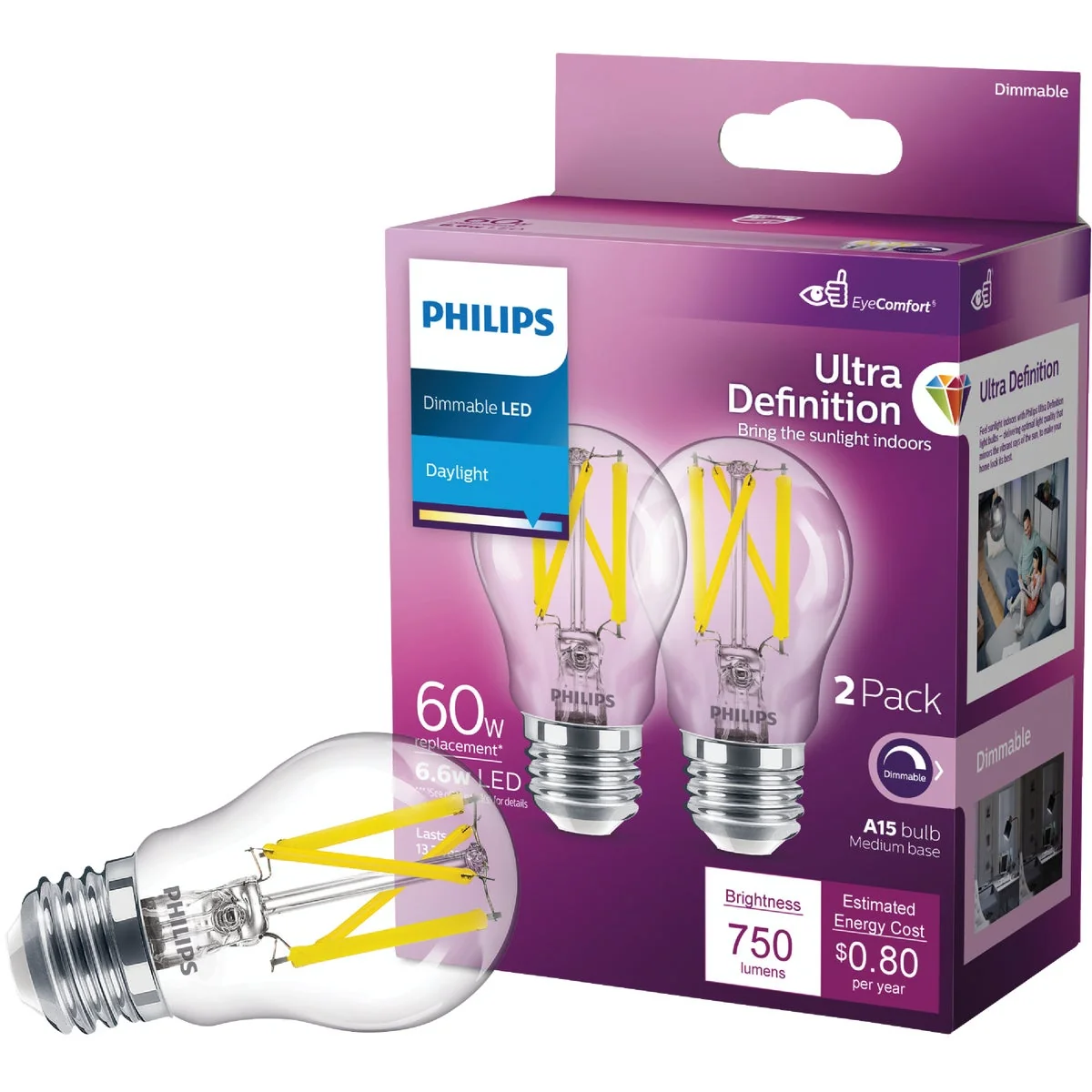 Elegant Philips Ultra Definition 60W Equivalent Daylight A15 Medium Dimmable LED Light Bulb 2-Pack Fine Crafted