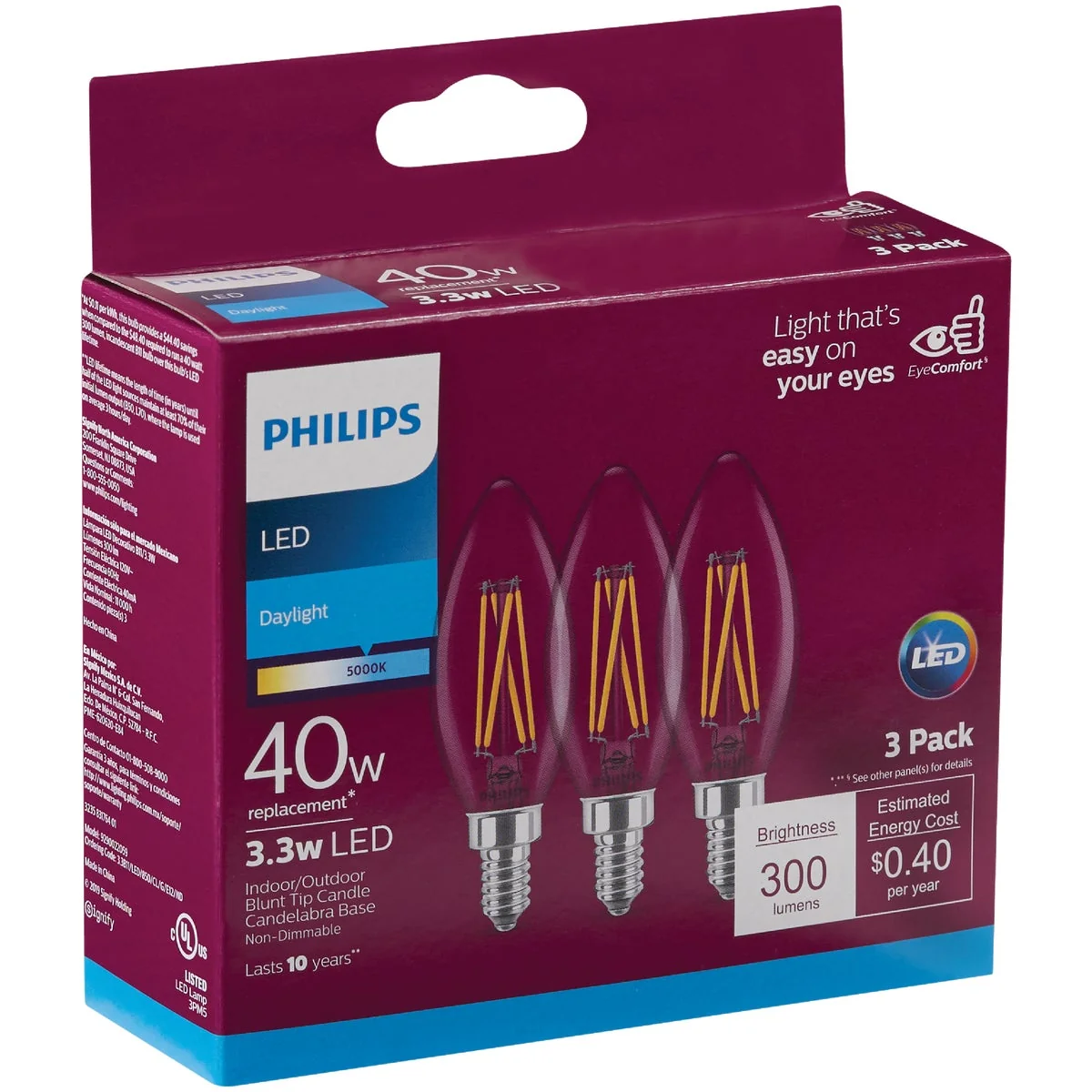 Exceptional Philips 40W Equivalent Daylight B11 Candelabra Clear LED Decorative Light Bulb 3-Pack Safe