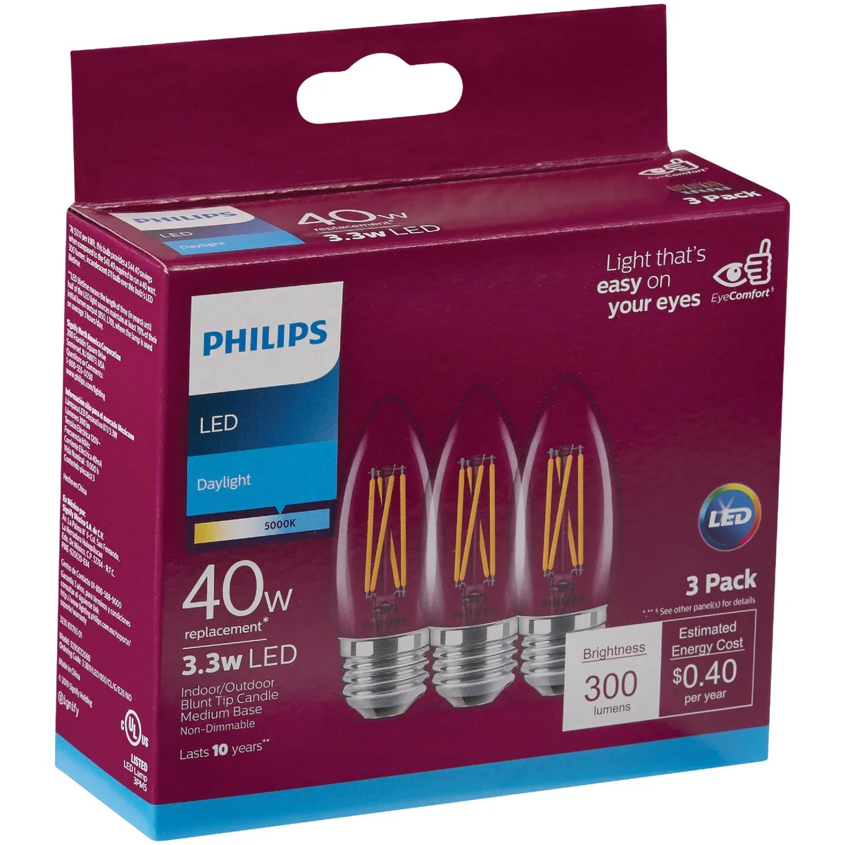 Breathable Philips 40W Equivalent Daylight B11 Medium Clear LED Decorative Light Bulb 3-Pack Fine
