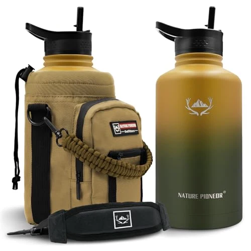 Secure 64 oz Insulated Water Bottle with Carrier Bag 3 Lids Unique
