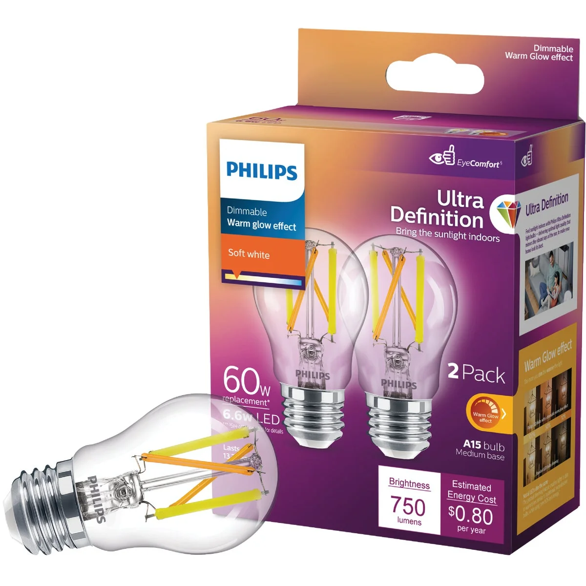 User-Friendly Philips Ultra Definition Warm Glow 60W Equivalent Soft White A15 Medium LED Light Bulb 2-Pack Easy-to-Use
